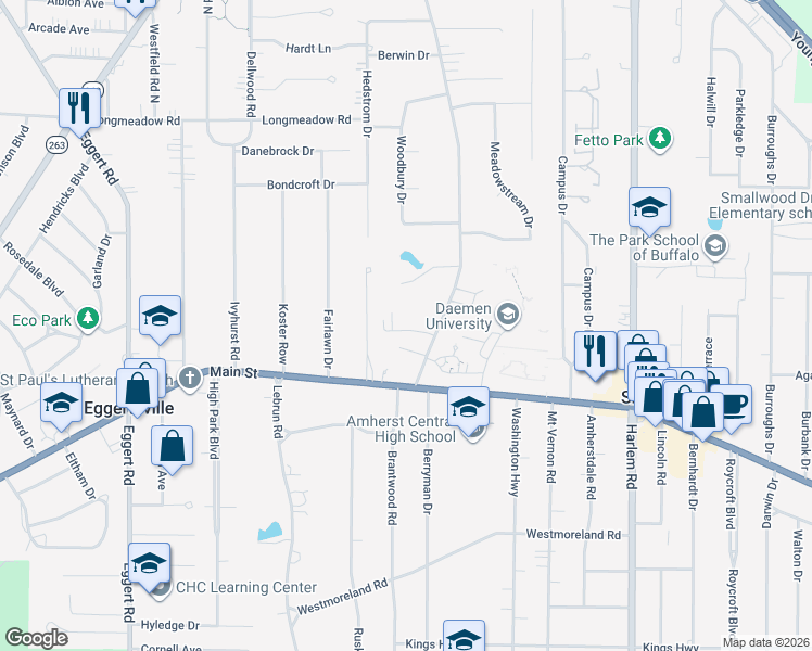 map of restaurants, bars, coffee shops, grocery stores, and more near 46-60 Getzville Road in Buffalo