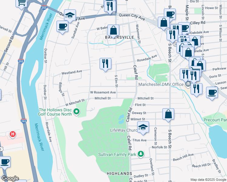 map of restaurants, bars, coffee shops, grocery stores, and more near 347 South Elm Street in Manchester