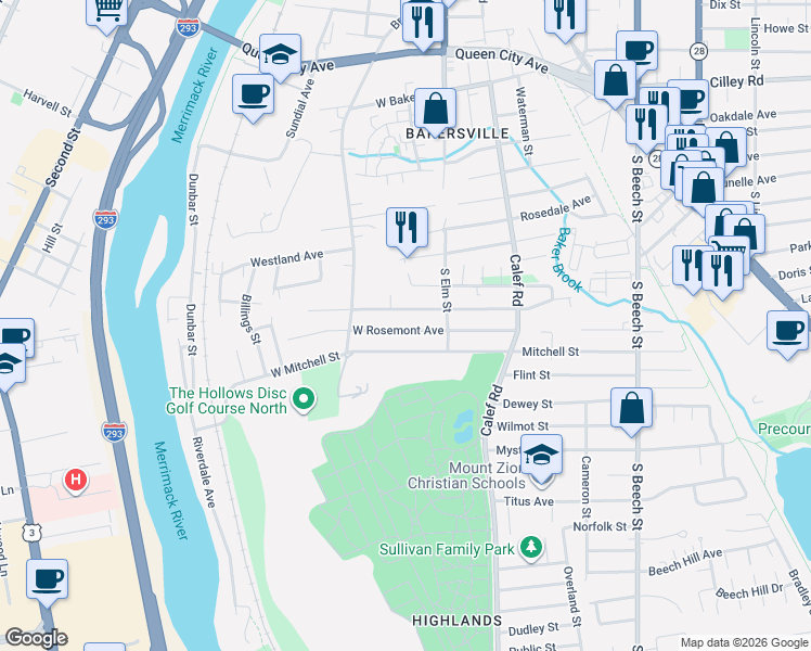 map of restaurants, bars, coffee shops, grocery stores, and more near 60 Elmwood Avenue in Manchester