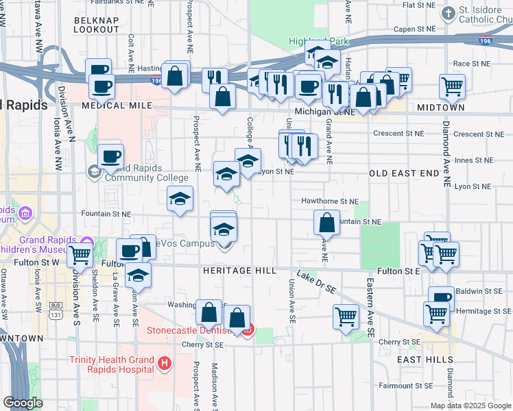 map of restaurants, bars, coffee shops, grocery stores, and more near 127 Campbell Place Northeast in Grand Rapids