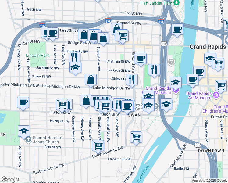 map of restaurants, bars, coffee shops, grocery stores, and more near 124 National Avenue Northwest in Grand Rapids