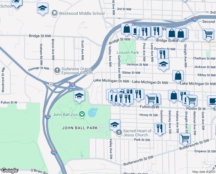 map of restaurants, bars, coffee shops, grocery stores, and more near 76 Richards Avenue Northwest in Grand Rapids