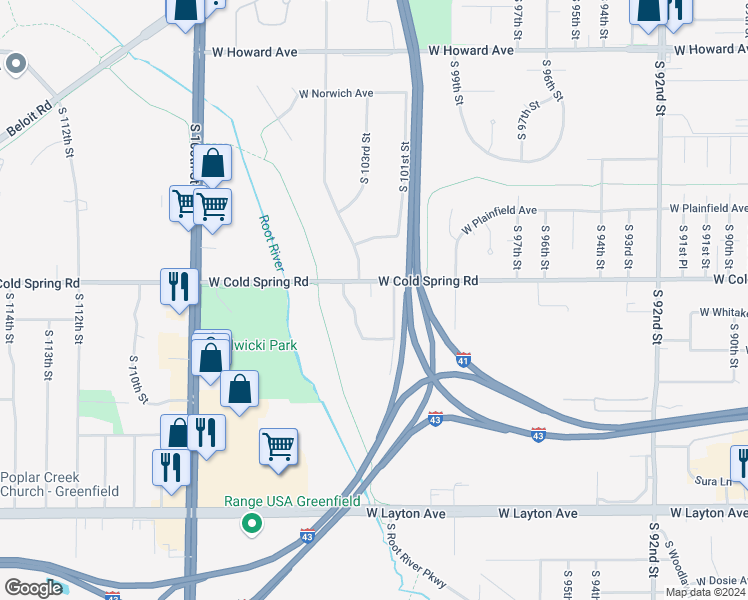 map of restaurants, bars, coffee shops, grocery stores, and more near 10145 West Cold Spring Road in Greenfield