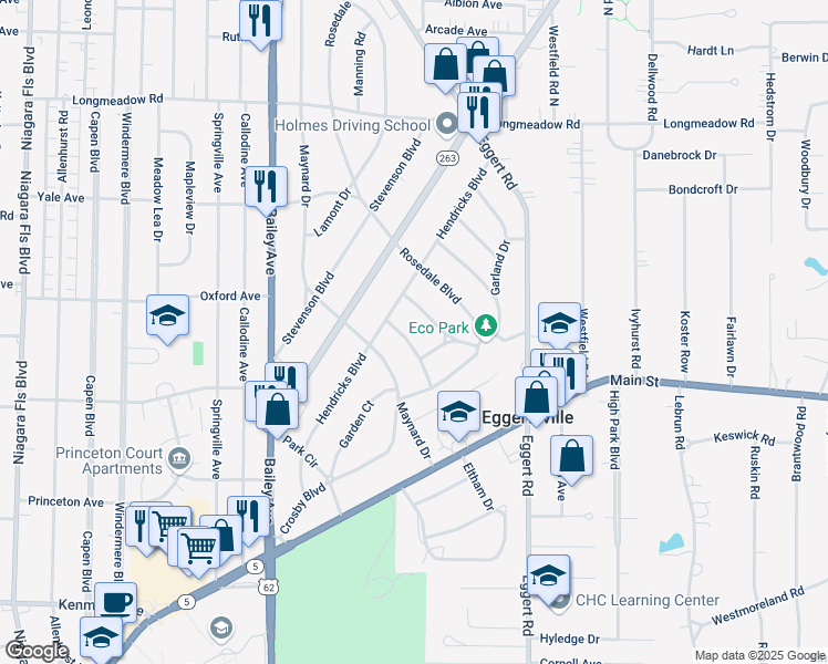 map of restaurants, bars, coffee shops, grocery stores, and more near 67 Endicott Drive in Buffalo