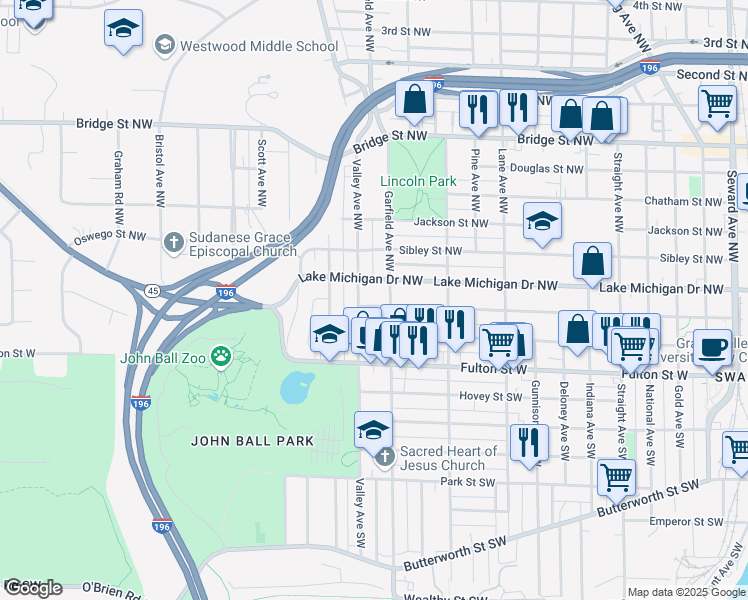 map of restaurants, bars, coffee shops, grocery stores, and more near 1215 California Street Northwest in Grand Rapids