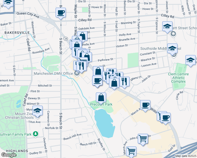 map of restaurants, bars, coffee shops, grocery stores, and more near 555 South Willow Street in Manchester