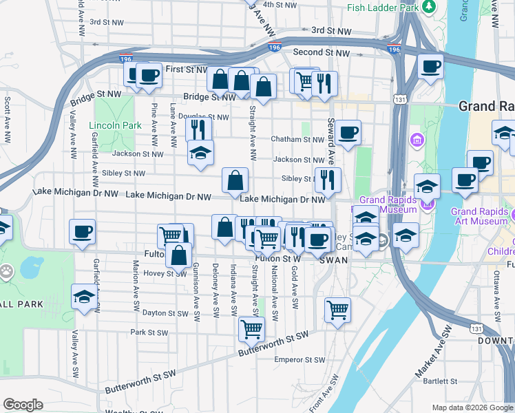 map of restaurants, bars, coffee shops, grocery stores, and more near 114 Straight Avenue Northwest in Grand Rapids