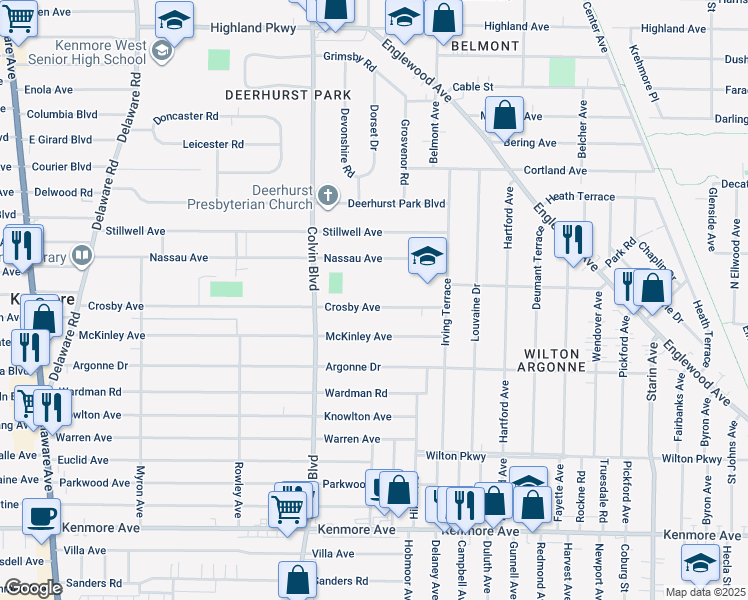 map of restaurants, bars, coffee shops, grocery stores, and more near 336 Crosby Avenue in Buffalo
