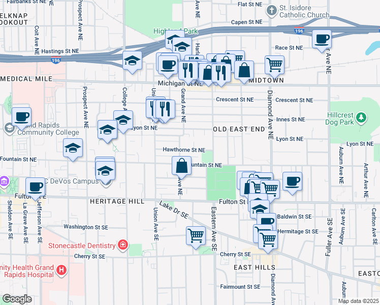 map of restaurants, bars, coffee shops, grocery stores, and more near 720 Hawthorne Street Northeast in Grand Rapids