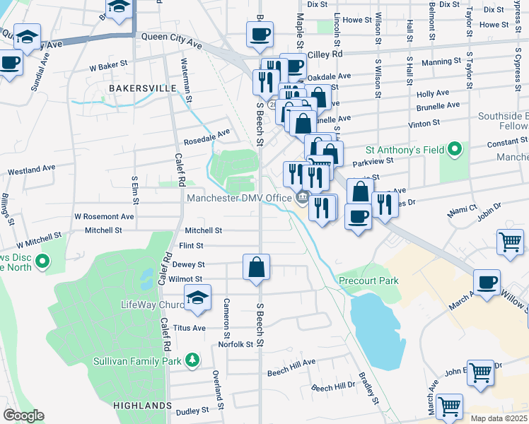 map of restaurants, bars, coffee shops, grocery stores, and more near 402 South Beech Street in Manchester