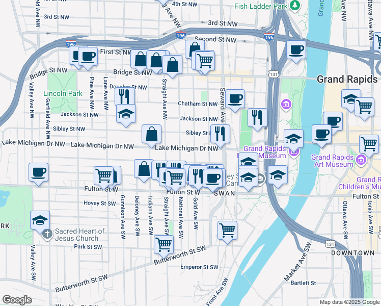 map of restaurants, bars, coffee shops, grocery stores, and more near 117 Gold Avenue Northwest in Grand Rapids