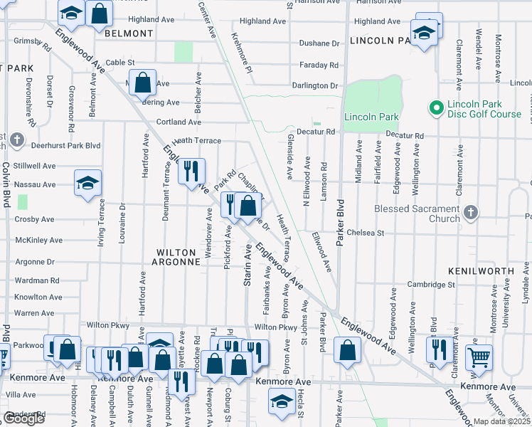 map of restaurants, bars, coffee shops, grocery stores, and more near 941 Starin Avenue in Buffalo