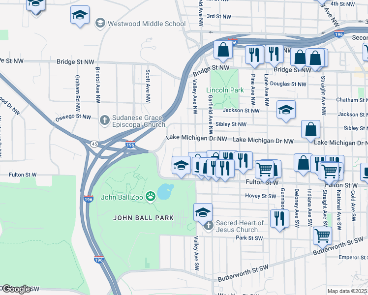 map of restaurants, bars, coffee shops, grocery stores, and more near 72 Richards Avenue Northwest in Grand Rapids