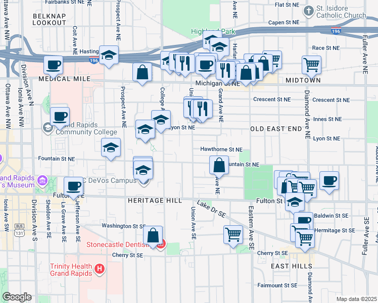 map of restaurants, bars, coffee shops, grocery stores, and more near 127 Union Avenue Southeast in Grand Rapids