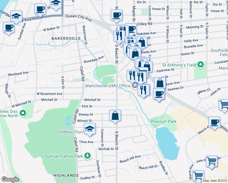 map of restaurants, bars, coffee shops, grocery stores, and more near 402 South Beech Street in Manchester