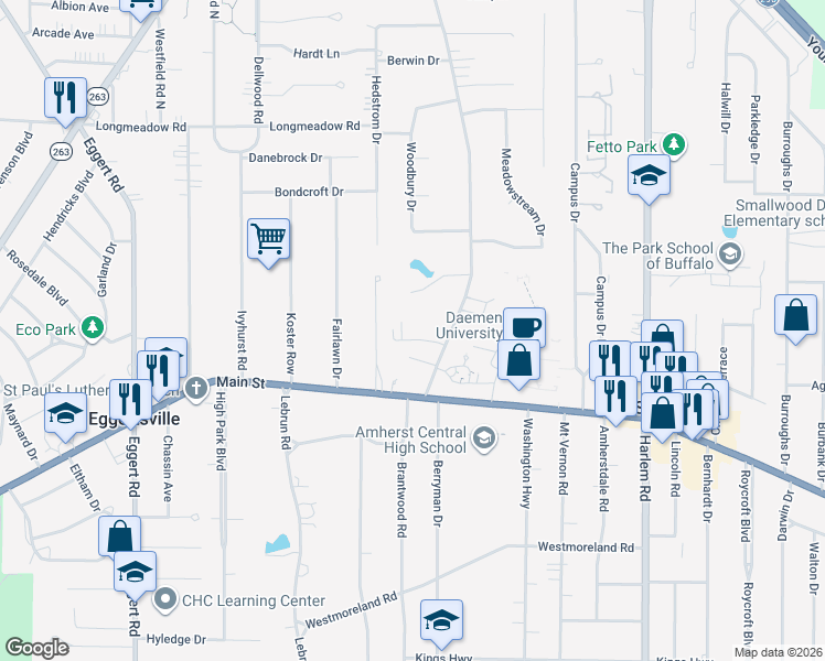 map of restaurants, bars, coffee shops, grocery stores, and more near 46-60 Getzville Road in Buffalo