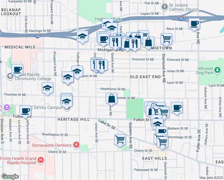 map of restaurants, bars, coffee shops, grocery stores, and more near 720 Hawthorne Street Northeast in Grand Rapids