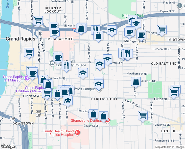 map of restaurants, bars, coffee shops, grocery stores, and more near 421 Fountain Street Northeast in Grand Rapids