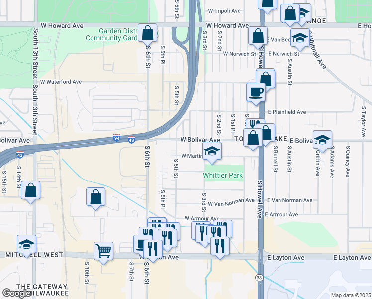 map of restaurants, bars, coffee shops, grocery stores, and more near 4322 South 5th Street in Milwaukee
