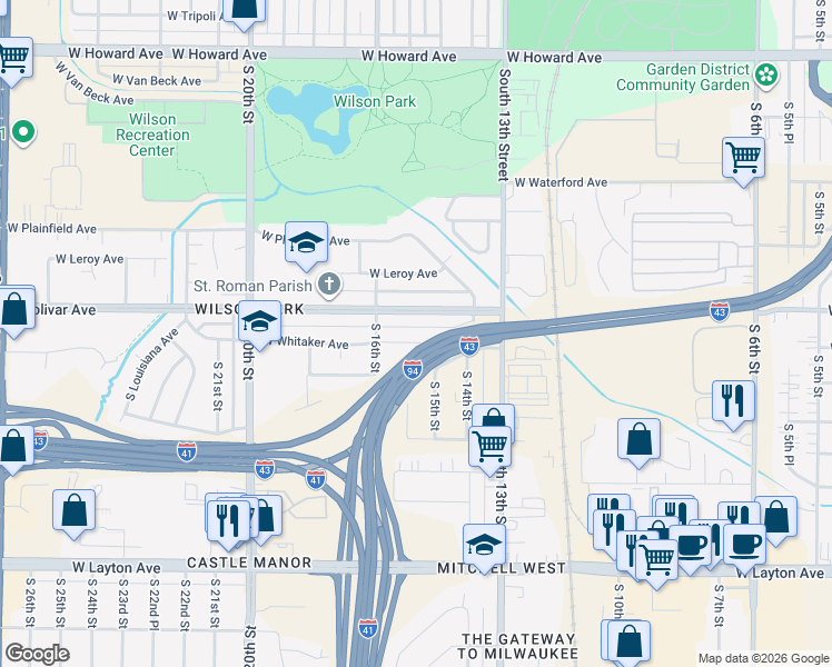 map of restaurants, bars, coffee shops, grocery stores, and more near 1546 West Whitaker Avenue in Milwaukee