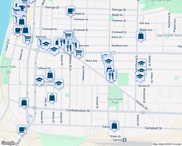 map of restaurants, bars, coffee shops, grocery stores, and more near 224 Shepherd Street in Sarnia