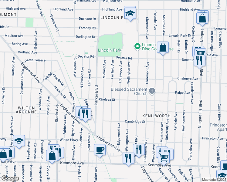 map of restaurants, bars, coffee shops, grocery stores, and more near 277 Fairfield Avenue in Buffalo