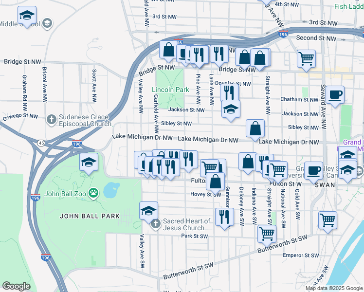 map of restaurants, bars, coffee shops, grocery stores, and more near 109 Marion Avenue Southwest in Grand Rapids