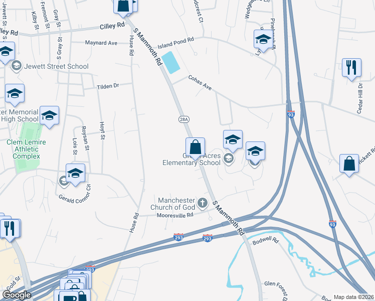 map of restaurants, bars, coffee shops, grocery stores, and more near 25 Pratt Court in Manchester
