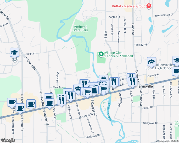 map of restaurants, bars, coffee shops, grocery stores, and more near 9 Millrace Street North in Buffalo