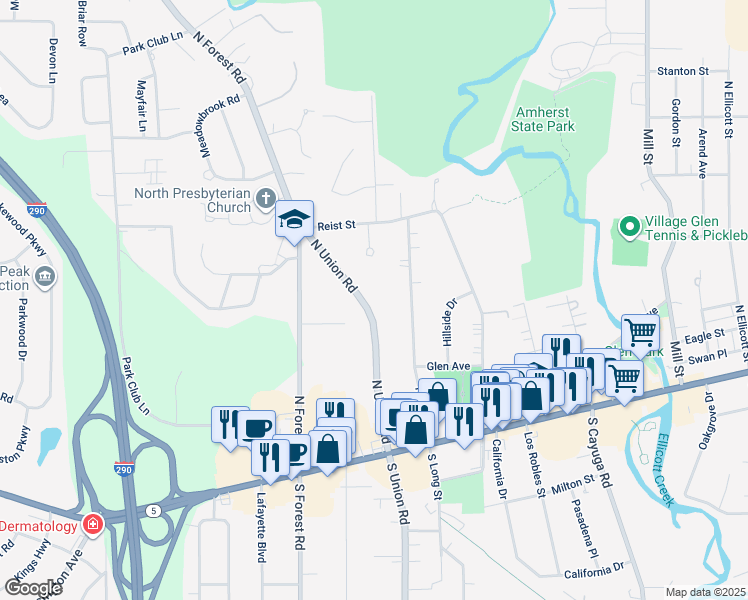 map of restaurants, bars, coffee shops, grocery stores, and more near 173 North Union Road in Buffalo