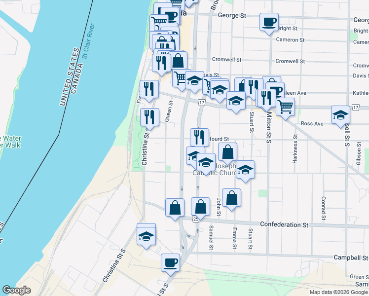 map of restaurants, bars, coffee shops, grocery stores, and more near 236 Vidal Street South in Sarnia