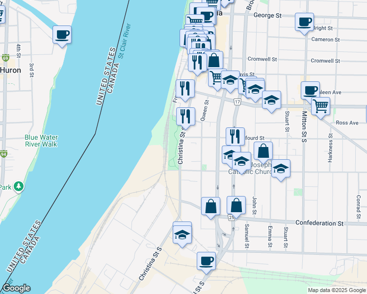map of restaurants, bars, coffee shops, grocery stores, and more near 242 Christina Street South in Sarnia