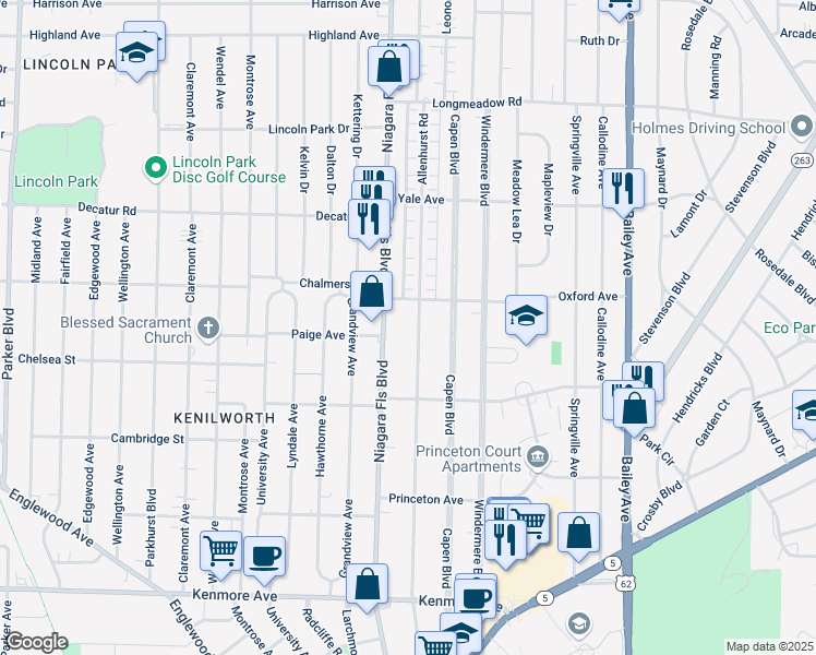 map of restaurants, bars, coffee shops, grocery stores, and more near 383 Allenhurst Road in Buffalo