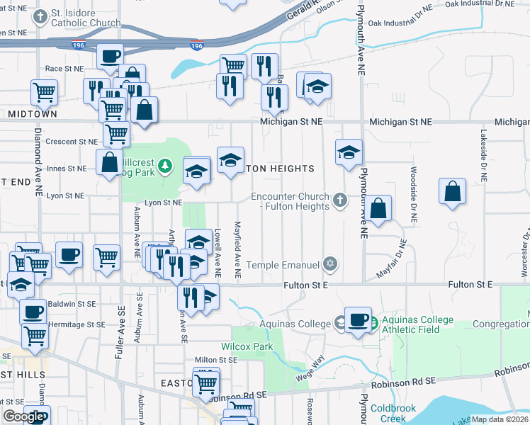 map of restaurants, bars, coffee shops, grocery stores, and more near 148 Baynton Avenue Northeast in Grand Rapids