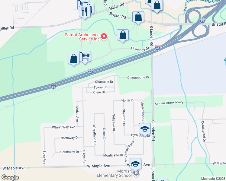 map of restaurants, bars, coffee shops, grocery stores, and more near 5140 Tokay Drive in Flint