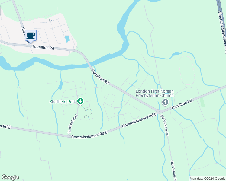map of restaurants, bars, coffee shops, grocery stores, and more near 1685 Hamilton Road in London