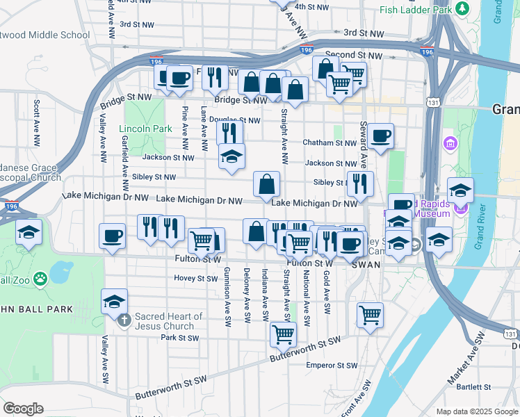 map of restaurants, bars, coffee shops, grocery stores, and more near 838 Lake Michigan Drive Northwest in Grand Rapids
