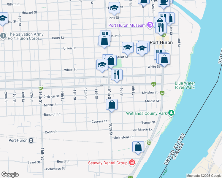 map of restaurants, bars, coffee shops, grocery stores, and more near 1710 10th Street in Port Huron