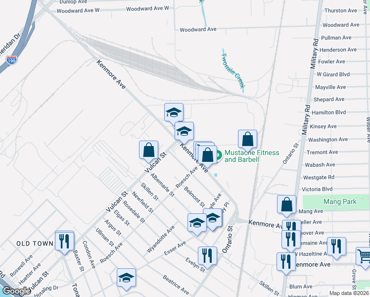 map of restaurants, bars, coffee shops, grocery stores, and more near 2310 Kenmore Avenue in Buffalo
