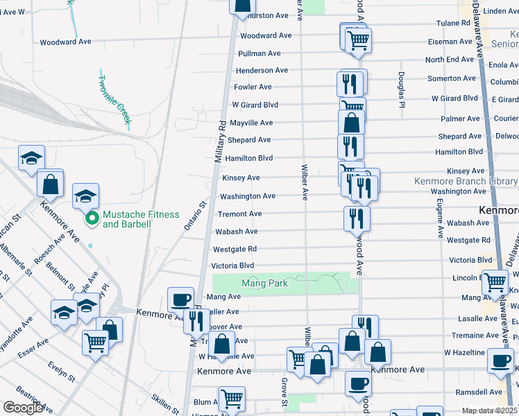 map of restaurants, bars, coffee shops, grocery stores, and more near 381 Tremont Avenue in Kenmore
