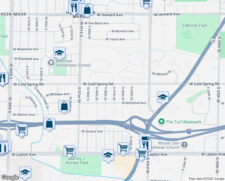 map of restaurants, bars, coffee shops, grocery stores, and more near 4329 South 47th Street in Greenfield