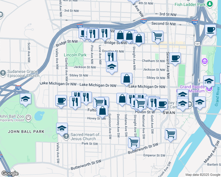 map of restaurants, bars, coffee shops, grocery stores, and more near 908 Lake Michigan Drive Northwest in Grand Rapids