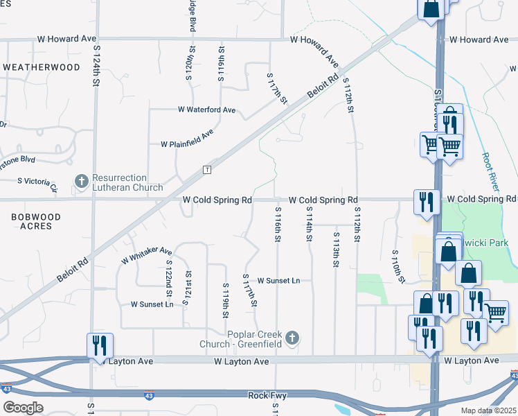 map of restaurants, bars, coffee shops, grocery stores, and more near 11701 West Cold Spring Road in Greenfield