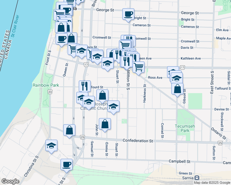 map of restaurants, bars, coffee shops, grocery stores, and more near 219 Stuart Street in Sarnia