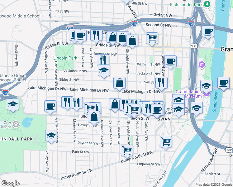 map of restaurants, bars, coffee shops, grocery stores, and more near 838 Lake Michigan Drive Northwest in Grand Rapids