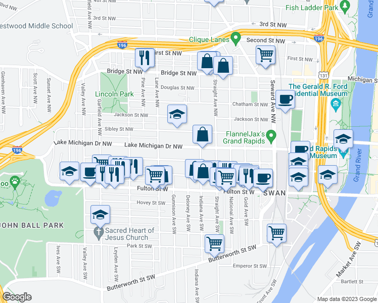 map of restaurants, bars, coffee shops, grocery stores, and more near 856 Lake Michigan Drive Northwest in Grand Rapids