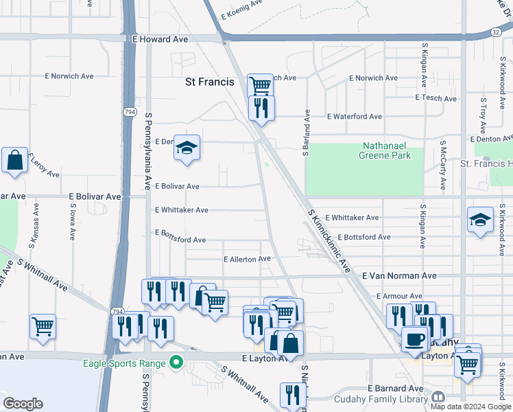 map of restaurants, bars, coffee shops, grocery stores, and more near 2926 East Whittaker Avenue in Saint Francis