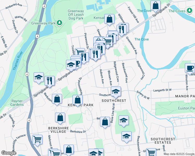 map of restaurants, bars, coffee shops, grocery stores, and more near 452 Ridgewood Crescent in London