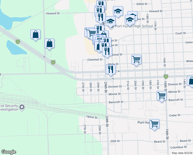 map of restaurants, bars, coffee shops, grocery stores, and more near 1621 25th Street in Port Huron