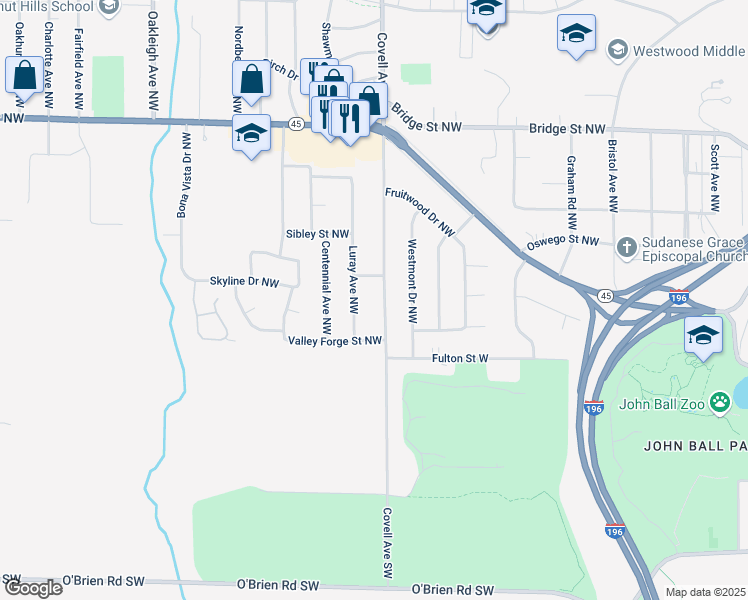 map of restaurants, bars, coffee shops, grocery stores, and more near 101 Covell Avenue Northwest in Grand Rapids